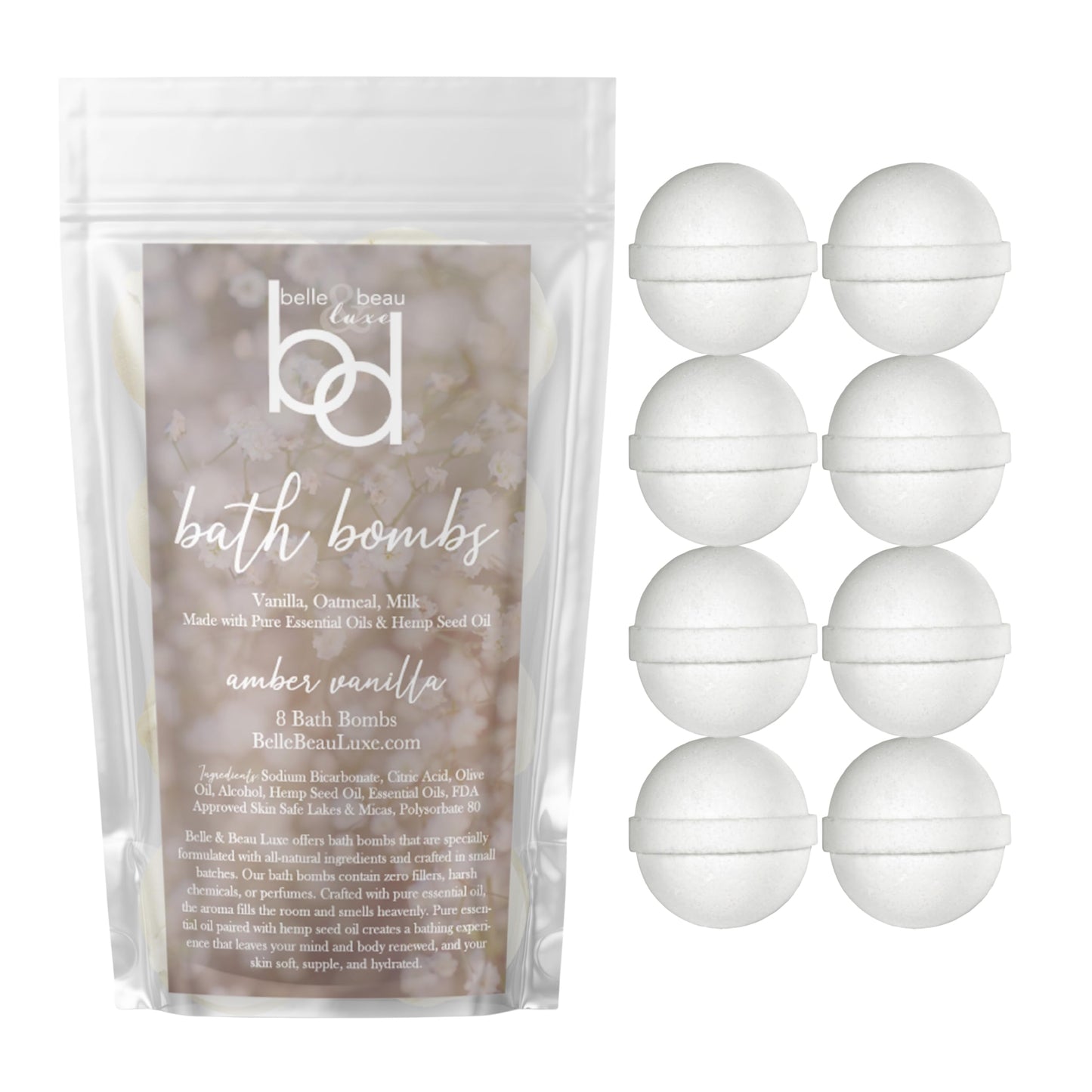 Belle & Beau Luxe Amber Vanilla Hemp Bath Bombs - Made with Organic Hemp Seed Oil and Pure Essential Oils - 8 Count Beauty and Personal Care BB BELLE & BEAU LUXE