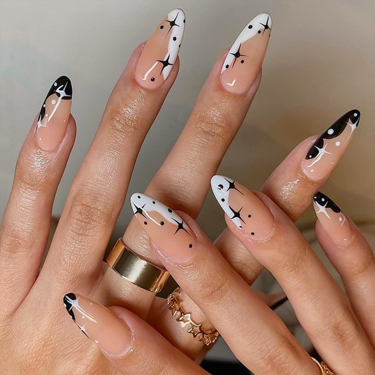 GLAMERMAID Black Press on Nails Medium Almond, Emo Crush Jelly Gel Gothic Stiletto False Glue on Nails Kit with Moon Star Desgin for Women, Reusable Beauty & Personal Care GLAMERMAID