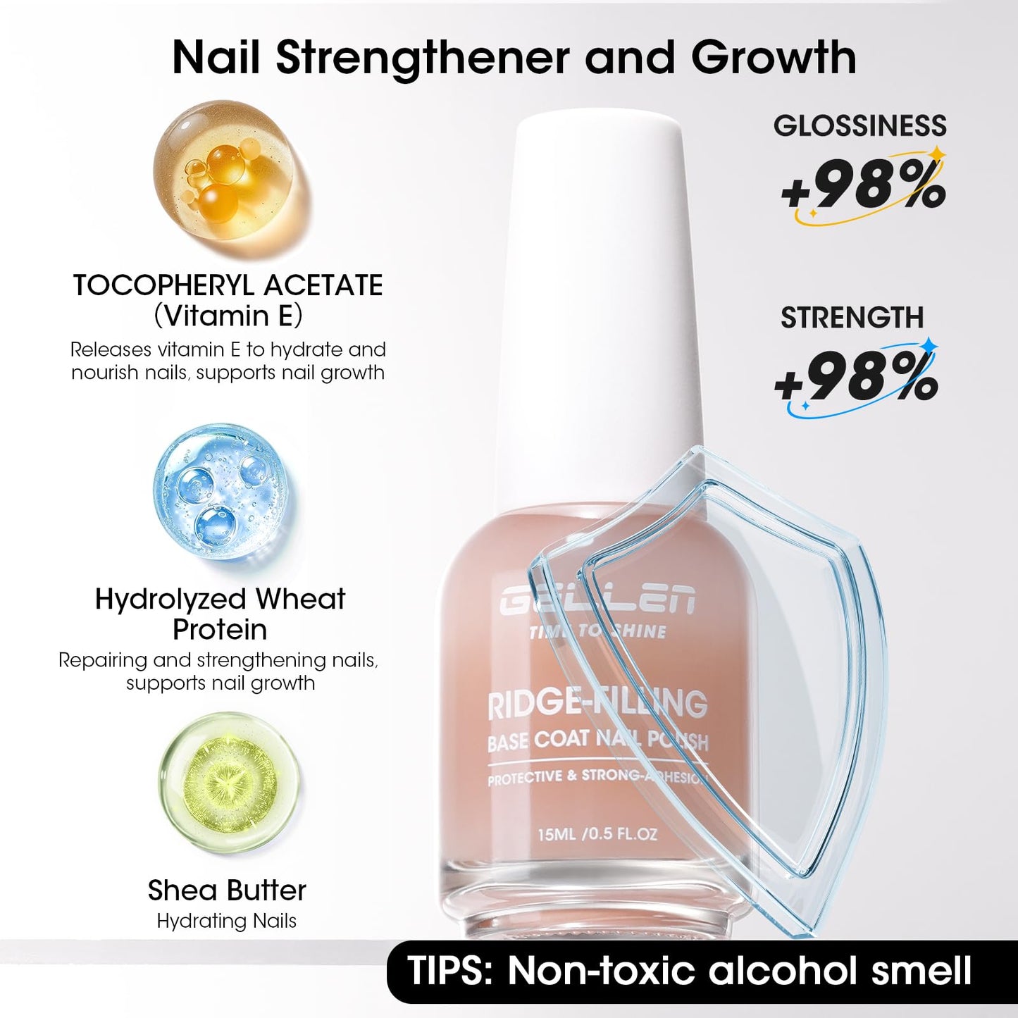GELLEN Clear Nail Polish Ridge Filling Base Coat, Sheer Nude Tint Ridge Filler For Nails | Smooth Strengthen Nourish Damaged Dry Finger Nails | Shea Beauty and Personal Care GELLEN