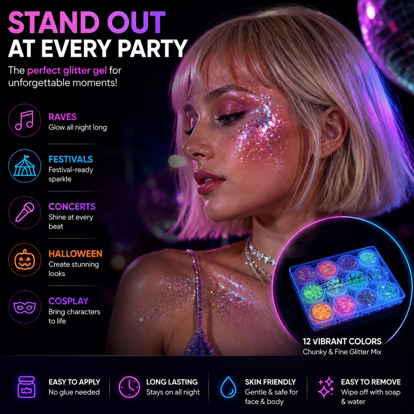 FindinBeauty 12 Colors Glow in the Dark Glitter Gel, UV Blacklight Reactive Face & Body Glitter, No Glue Needed, Cosmetic Grade for Eyes, Hair Beauty & Personal Care FindinBeauty