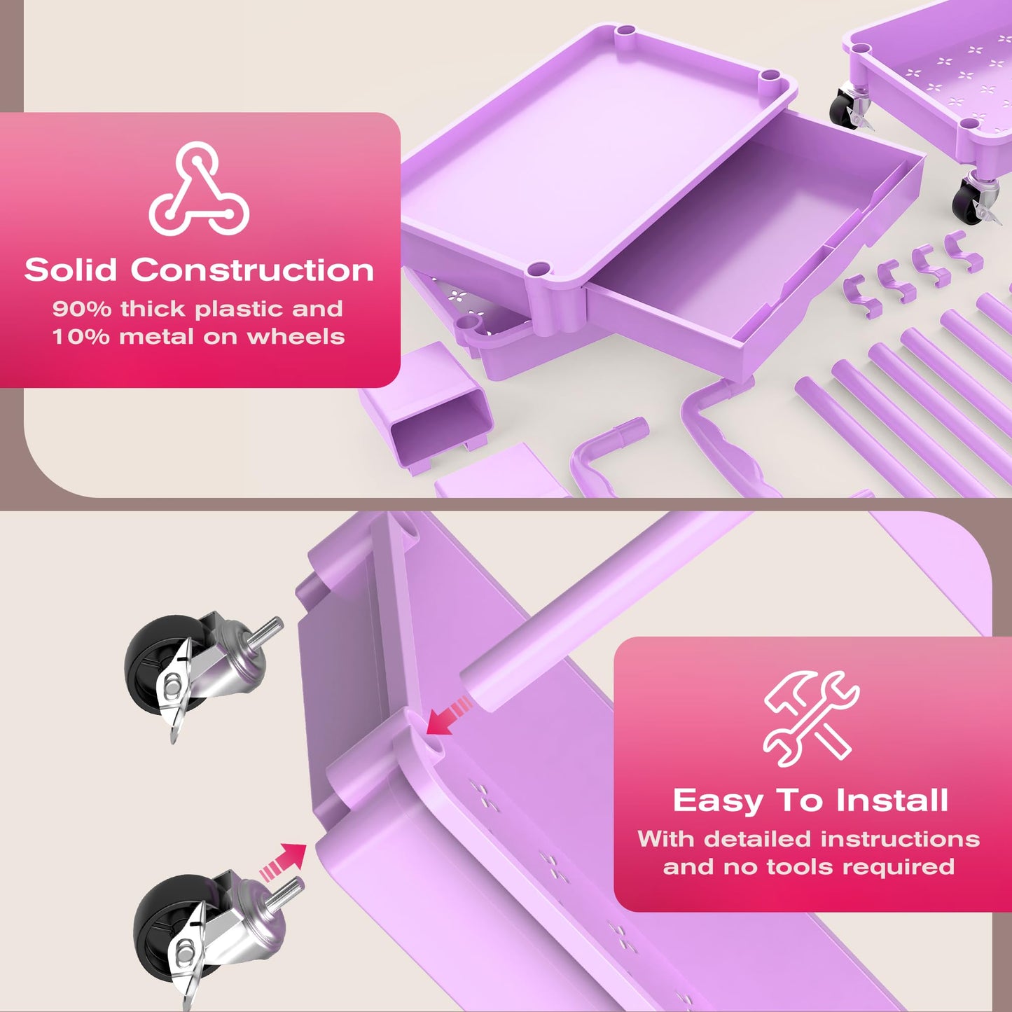 Goovilla Rolling Makeup Organizer Cart with Removable Drawer, 3 Tier Stable Purple Floor Skincare Storage Cart for Vanity, Cosmetic Display, Nail Beauty and Personal Care Goovilla