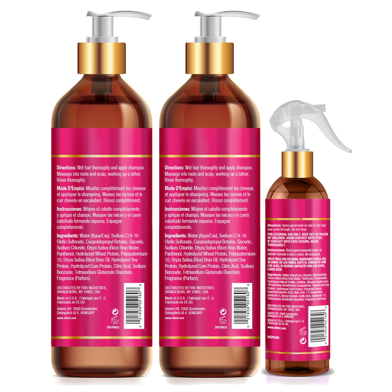 Difeel Rice Water Hair Care 3PC Shampoo & Conditioner & Leave in Set - Includes 33.8oz Shampoo, 33.8oz Conditioner, 8oz Leave in Spray Beauty & Personal Care Difeel