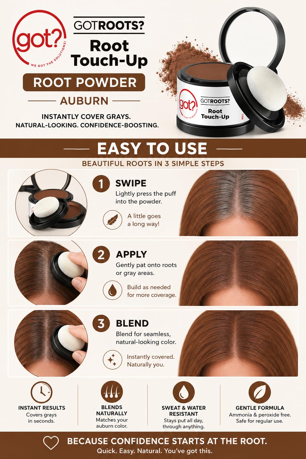 Got? Roots - Temporary Thinning & Gray Hair Cover Up with Pigment Infused Binding Powder for Auburn Hair - Root Touch Up, Brow Filler & Hairline Beauty & Personal Care got? WE GOT THE SOLUTIONS!