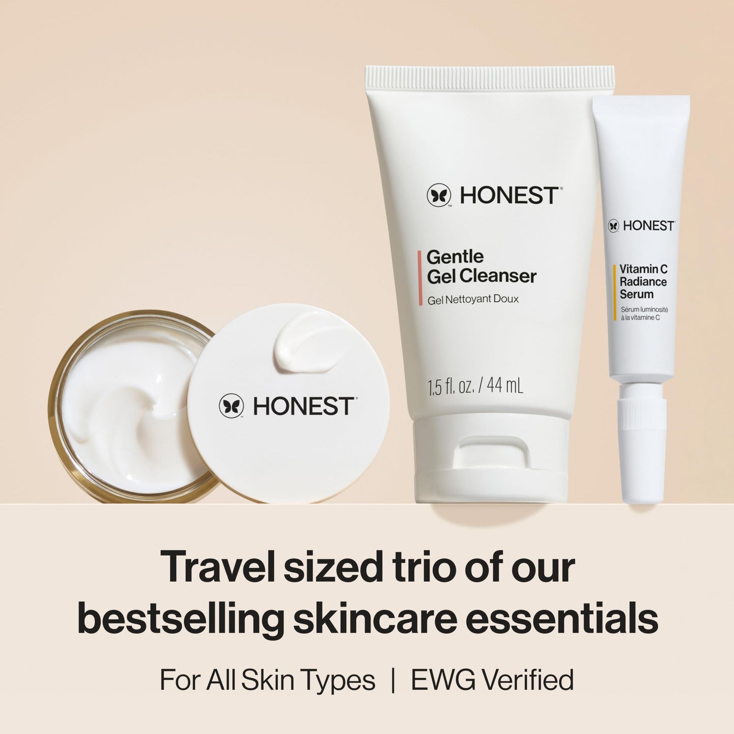 Honest Beauty The Icons Skincare Trio Travel Kit, Mini Hydrogel Cream, Gentle Gel Cleanser, Vitamin C Radiance Serum for Sensitive Skin, Vegan Beauty & Personal Care Honest Beauty