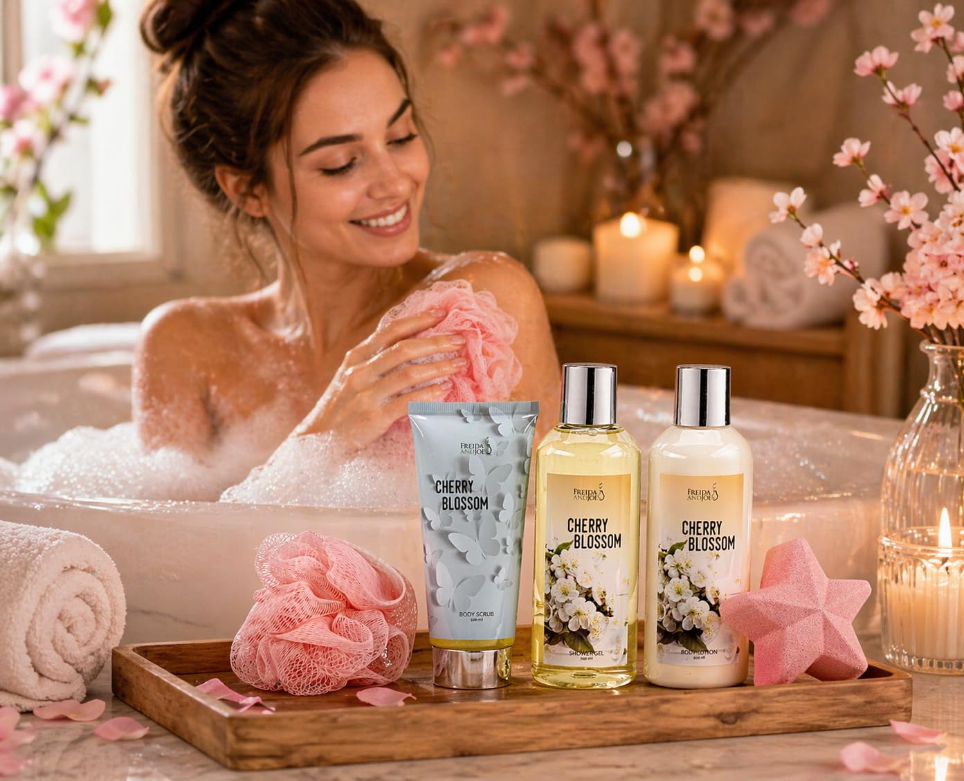 Cherry Blossom Spa Gift Box for Women - Luxury Bath & Body Gift Set with Shower Gel, Body Lotion, Body Scrub, Bath Bomb & Sponge - Self Care Gifts Beauty and Personal Care Freida and Joe