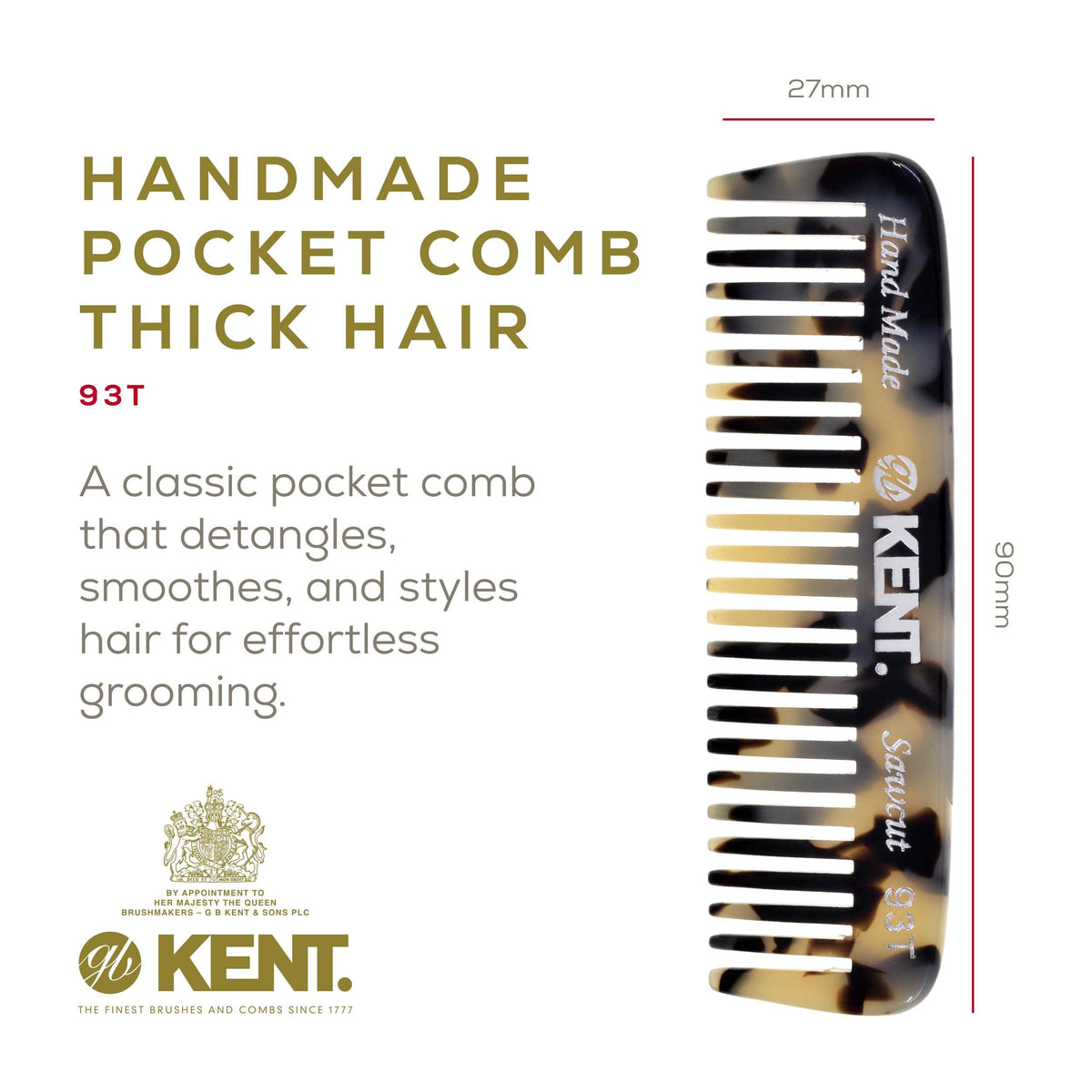 Kent 93T White Tokyo Wide Tooth Small Comb for Men's Mustache and Beard Grooming, Pocket Sized Detangler Travel Comb, Saw-Cut and Polished, Handmade