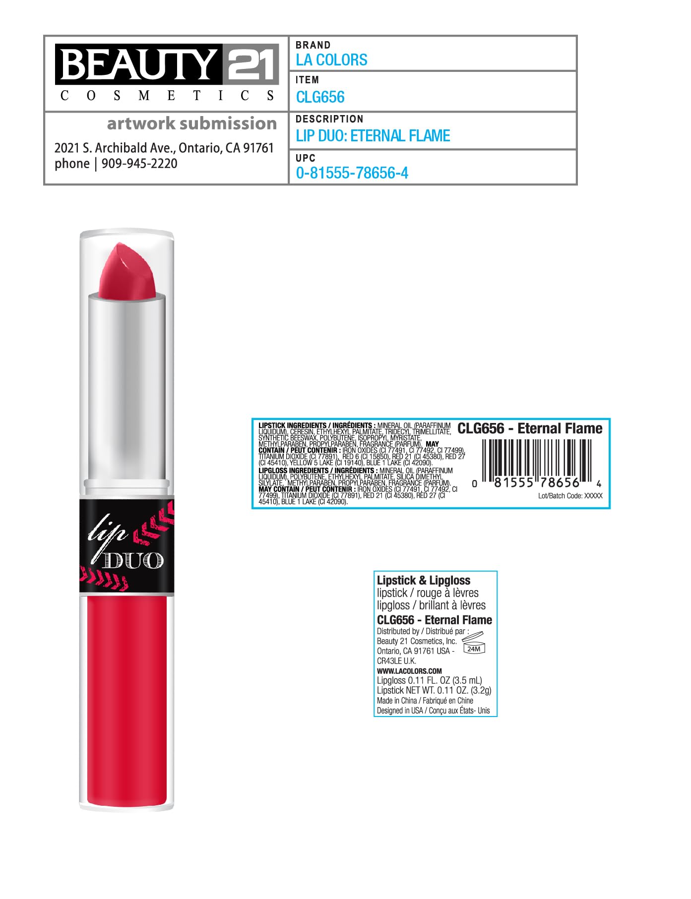 L.A. COLORS Lip Duo, 2-in-1 Lipstick and Lip Gloss, Versatile Makeup Combo, CLG656 *ETERNAL FLAME* Beauty & Personal Care L.A. COLORS