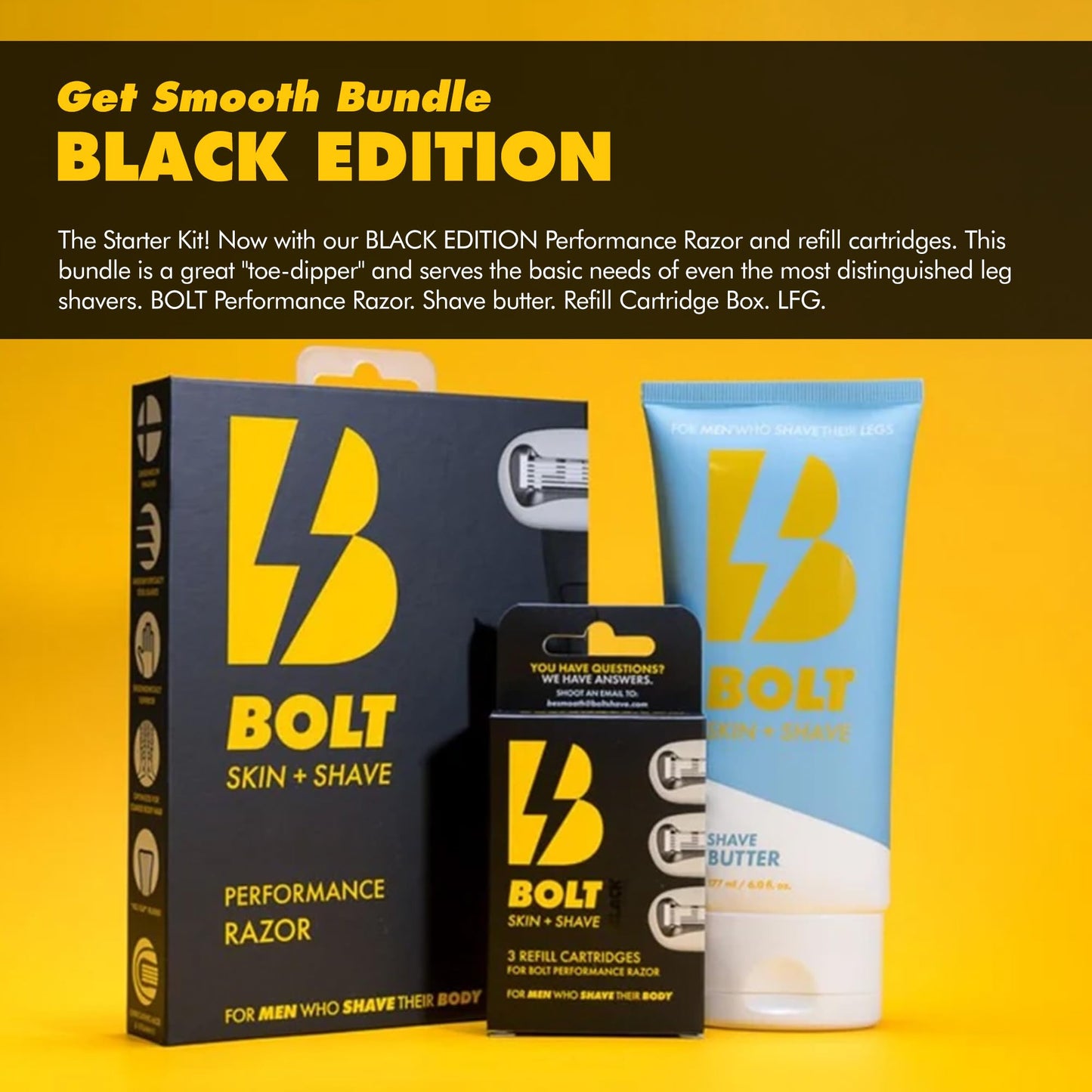 BOLT Skin + Shave - Starter Kit Black Edition - Performance Razor, Shave Butter & 3 Refill Cartridges - Smooth Shave for Body & Legs Beauty and Personal Care BOLT SKIN + SHAVE