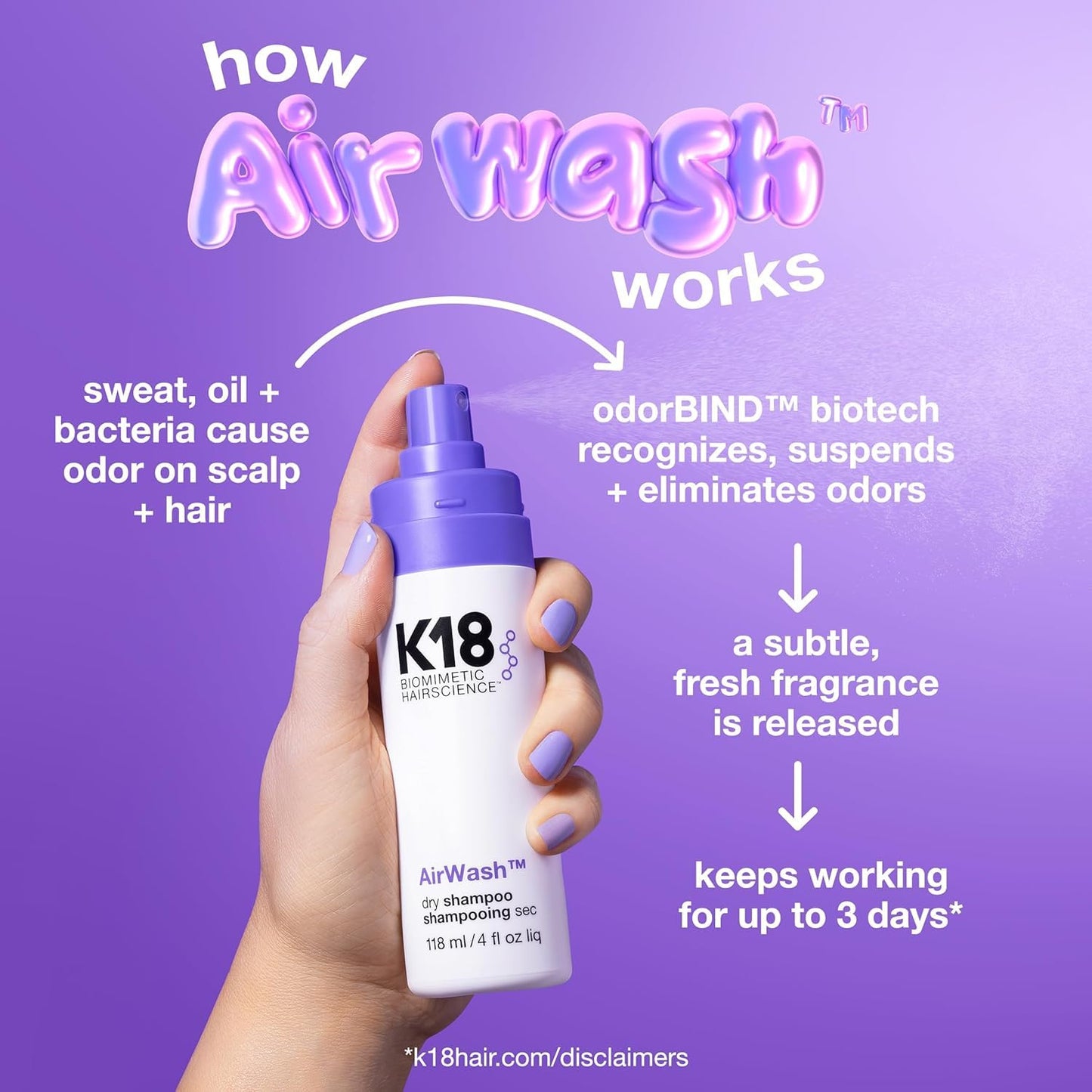 K18 AirWash Travel Non Aerosol Dry Shampoo Spray - Odor Eliminating Dry Shampoo for Women with No White Cast - Fresh Hair + Scalp for 3 Days - Absorbs Beauty and Personal Care K18
