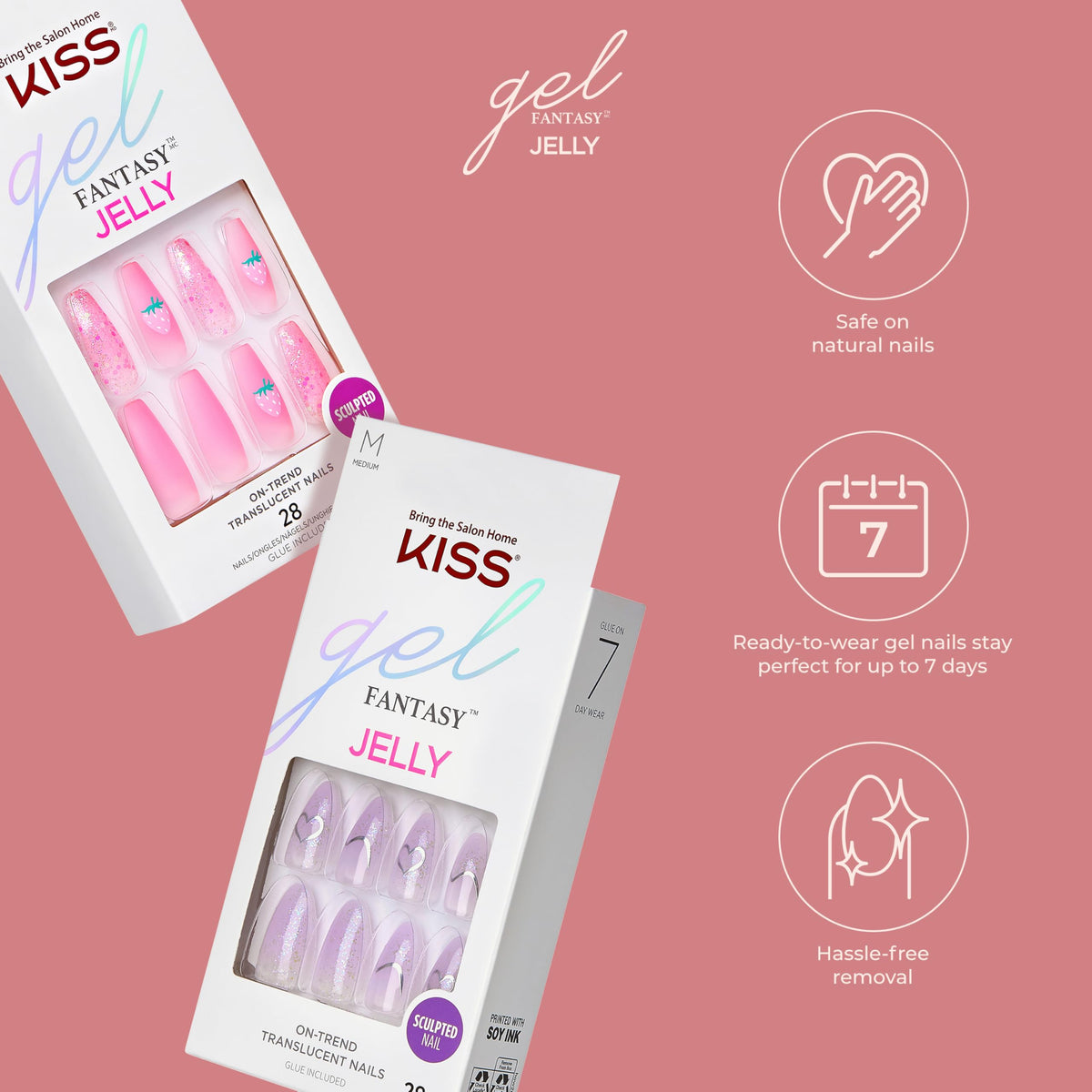 KISS Gel Fantasy Press On Nails, Nail glue included, 'Fun & Jelly', Pink, Medium Size, Coffin Shape, Includes 28 Nails, 2g glue, 1 Manicure Stick, 1