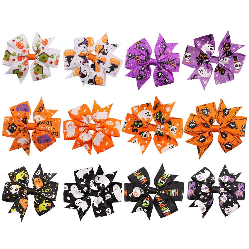 Rocutus 12pcs/set Halloween's Day Bow Knot Hair Pins Boutique clips Grosgrain Ribbon Halloween Hair Bows (Halloween 1) Beauty & Personal Care Rocutus