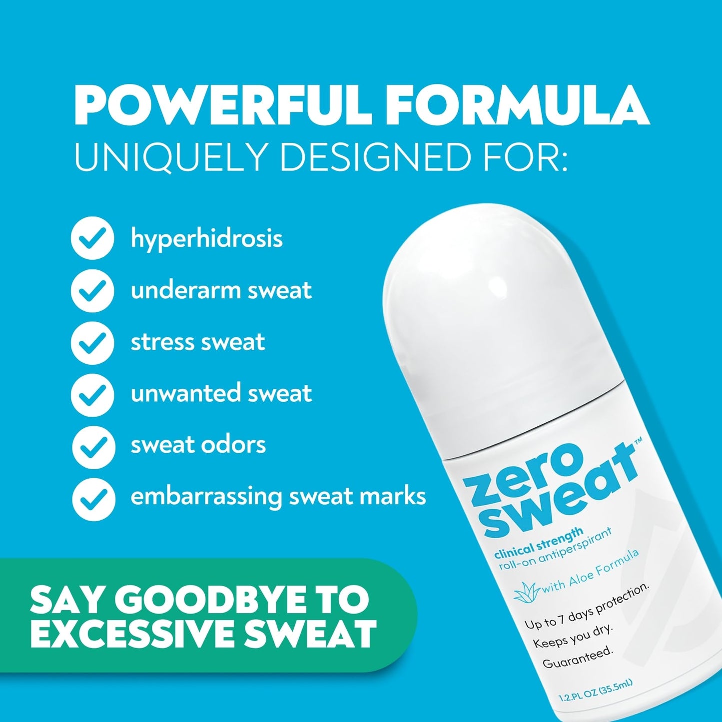 ZeroSweat Antiperspirant Deodorant with Aloe - Clinical Strength Hyperhidrosis Treatment - Reduces Armpit Sweat for Up To 7-days per Use - Protection Beauty and Personal Care ZeroSweat