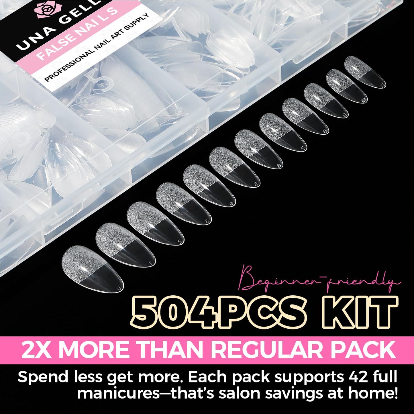 UNA GELLA Almond Gel Nail Tips, 504PCS Pre Etched Clear Fake Nails Tips Medium Almond Shape - 12 Sizes Full Cover Soft Acrylic Press On Nail Beauty & Personal Care UNA GELLA