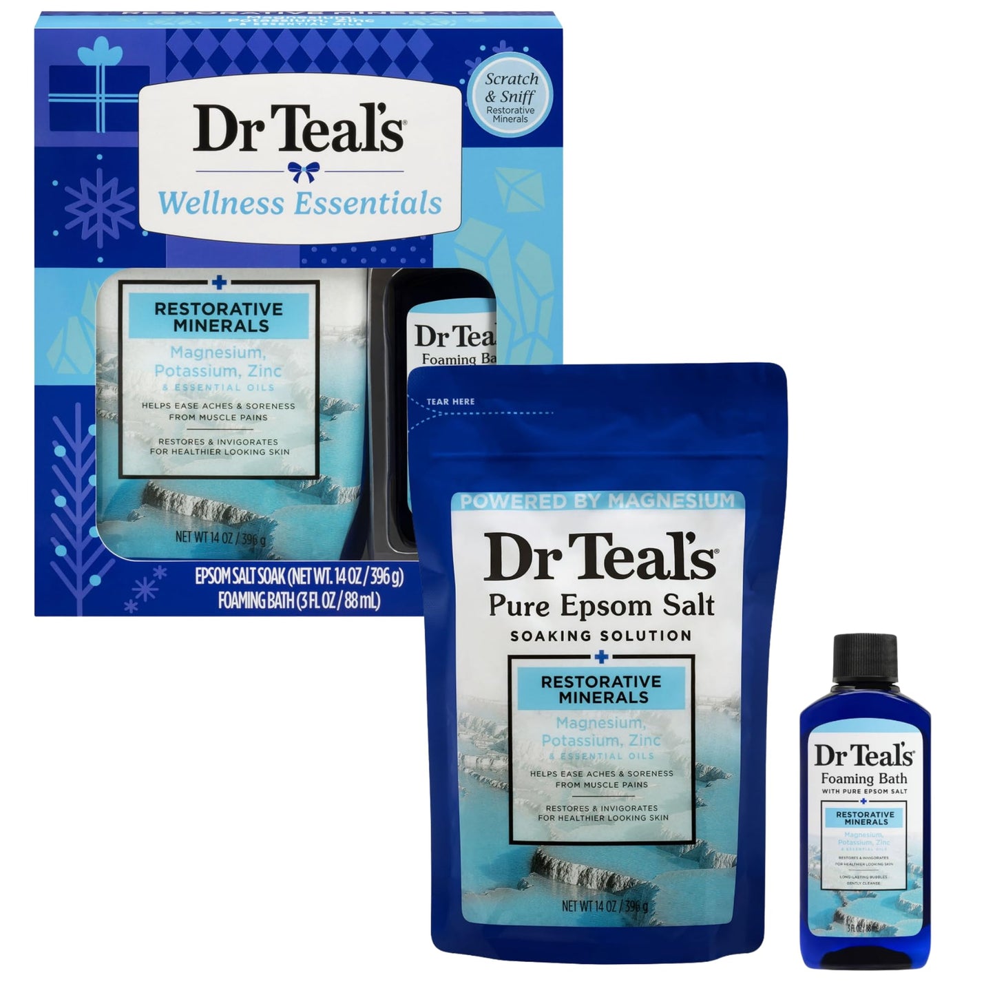 Dr Teal's Holiday Limited Edition Bath Gift Set - Epsom Salt Soak and Foaming Liquid, 14 oz Salt, 3 fl oz Bath (Fresh Minerals) Beauty and Personal Care Dr Teal's