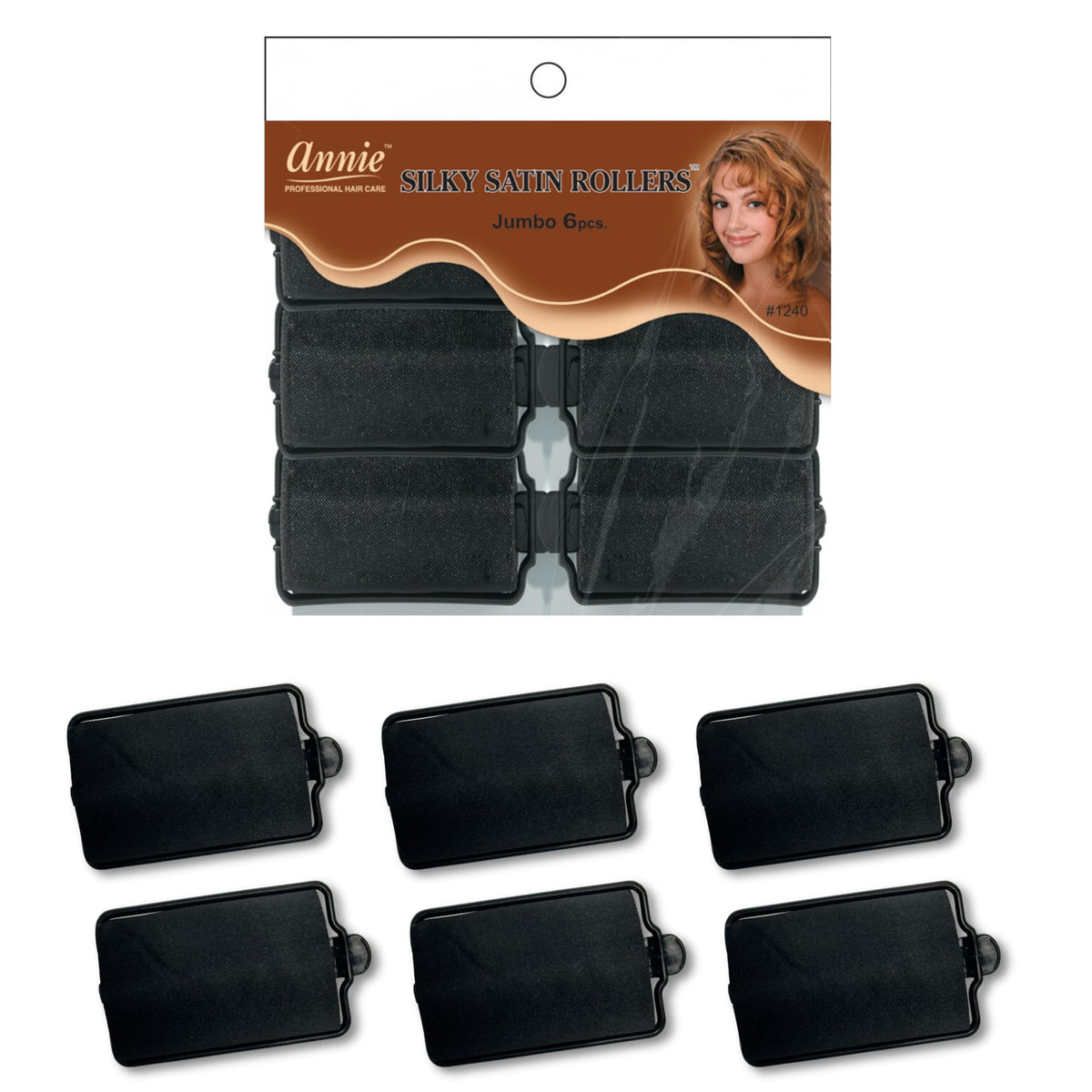Annie Silky Satin Jumbo Hair Rollers - 6 Pack Black Foam Sponge Curlers for Heatless Curls - Soft Sleep Styler Pillow Rollers for All Hair Types,
