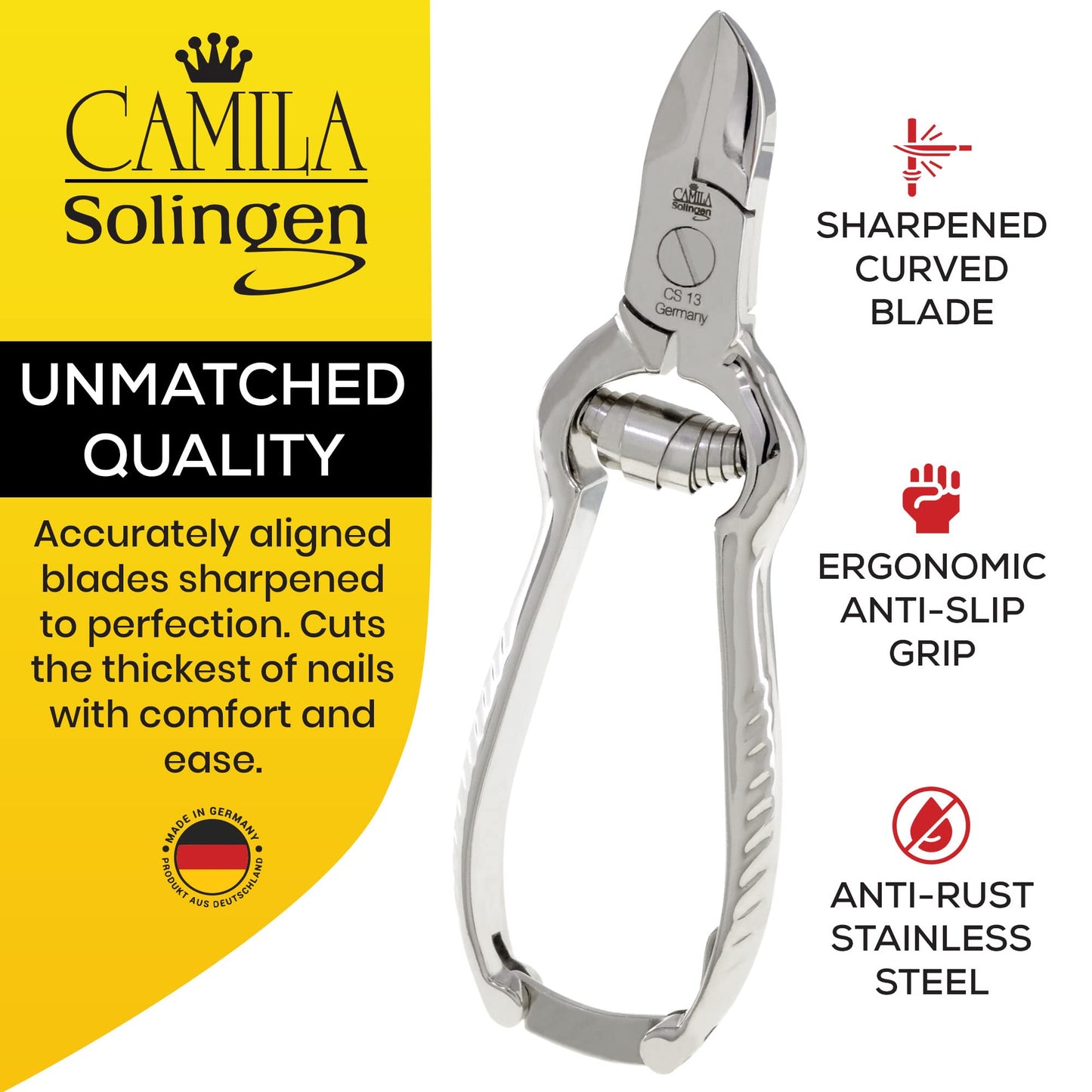 Camila Solingen CS13 Large Heavy Duty Toe Nail Clipper for Thick Toenails, Manicure & Pedicure, Double Barrel Spring. Super Sharp Trimmer Curved Beauty & Personal Care Camila Solingen