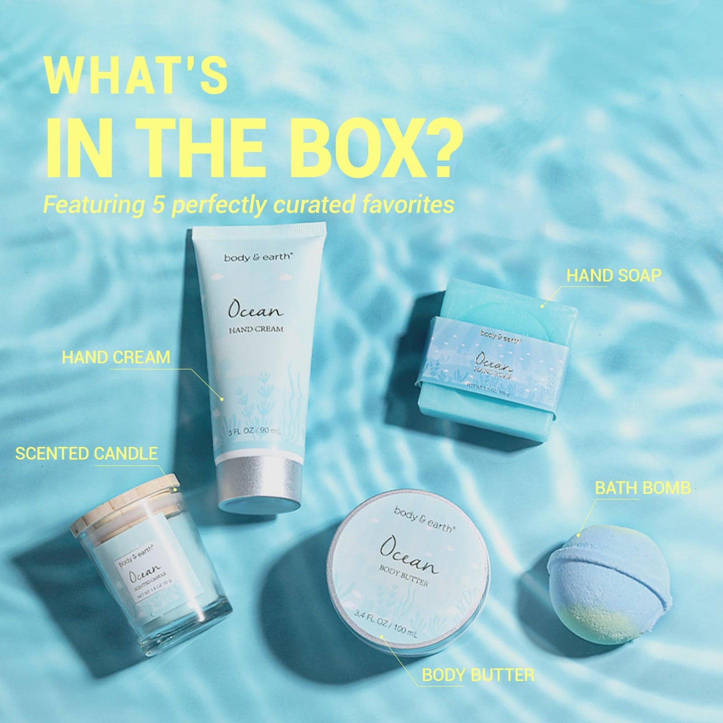 Gifts for Women, Bath and Body Womens Gift Sets with 5 Pcs Ocean Scented Spa Gifts for Women Bath Gift with Scented Candle Body Butter Hand Cream Bath Beauty & Personal Care BODY & EARTH