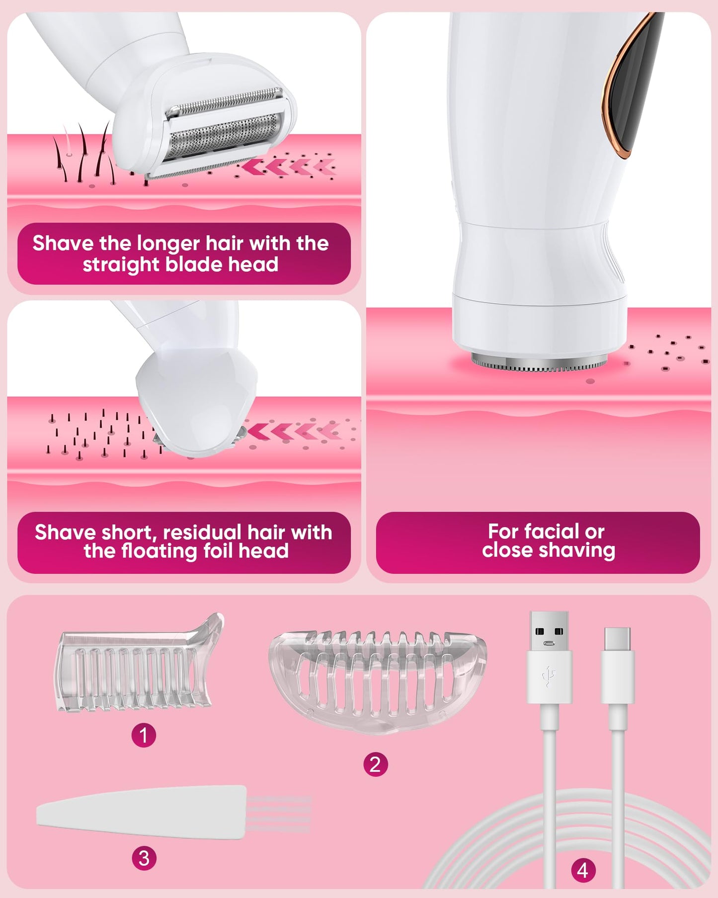 Shaver for Woman for Face, IPX7 Waterproof,White,3 in 1 Bikini Trimmer for Women, Electric Razors for Women with Display, Painless Bikini Trimmer, USB Beauty and Personal Care ANYLIV