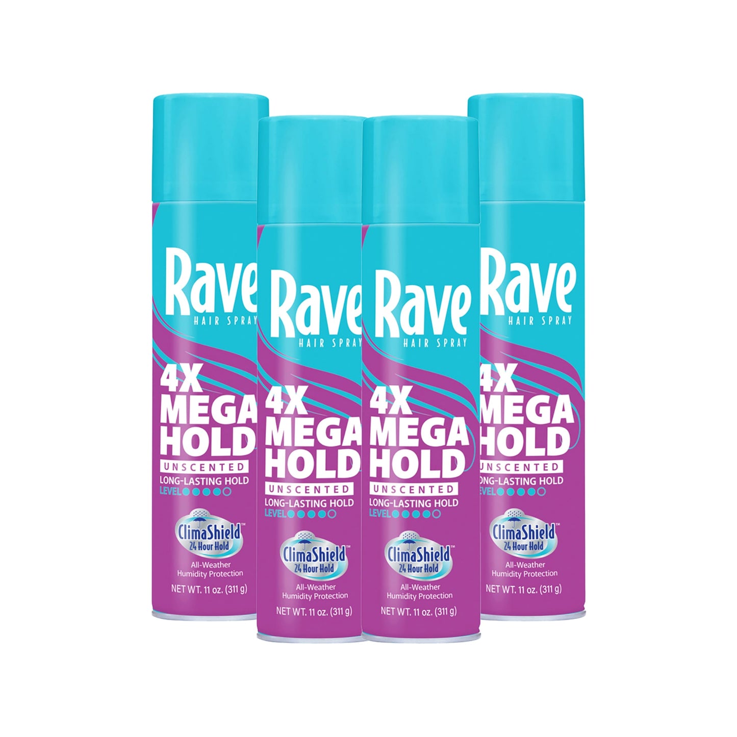 Rave 4X Mega Unscented Aerosol Hairspray - Hair Spray for High Humidity Weather - 24-Hour Lasting Hold - Vitamin-Enhanced Hair Volume Spray - 4 pc Beauty & Personal Care rave