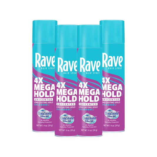 Rave 4X Mega Unscented Aerosol Hairspray - Hair Spray for High Humidity Weather - 24-Hour Lasting Hold - Vitamin-Enhanced Hair Volume Spray - 4 pc Beauty & Personal Care rave