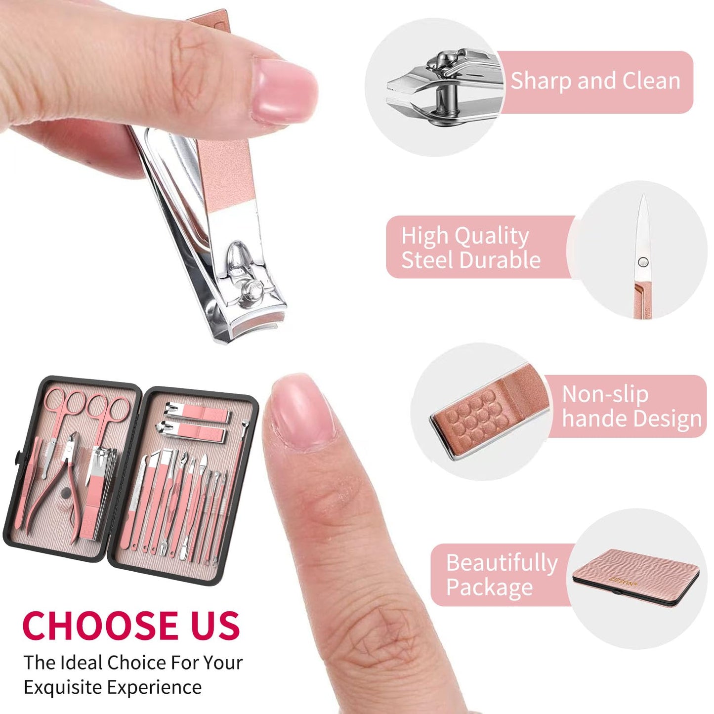 ZIZZON Manicure Set 18 in 1 Professional Pedicure Set Nail scissors Grooming Kit with Leather Travel Case Pink Beauty & Personal Care ZIZZON