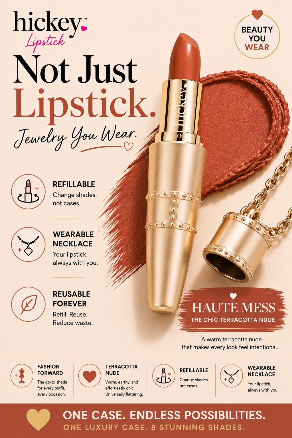 Hickey Refillable Pendant Lipstick, Haute Mess[Terracotta] - Wearable Satin Lip Color on a Chain, Refillable Clean Beauty, Full Lipstick Included Beauty & Personal Care Hickey