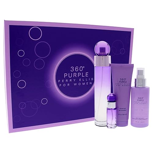 Perry Ellis 360 Purple Women 3.4oz EDP Spray, 7.5ml EDP Mini Spray, 4oz Body Mist, 3oz Shower Gel 4 Pc Gift Set Beauty & Personal Care Perry Ellis