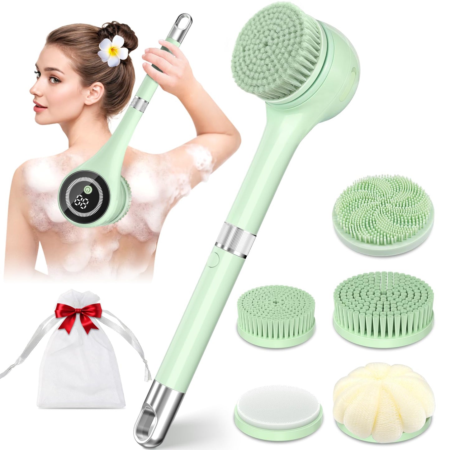 Electric Body Brush Back Scrubber for Shower, Waterproof Long Handle Power Auto Body Scrubber with 5 Heads, 3-Speed Rechargeable Bath Brush for Women Beauty and Personal Care LUBEJR