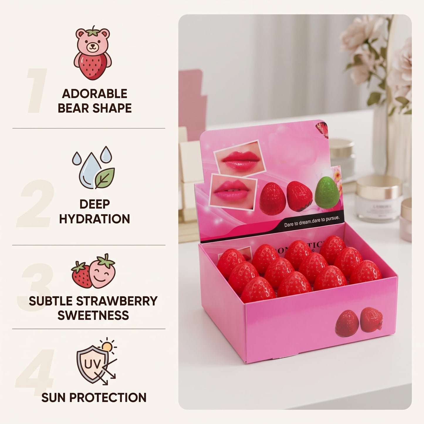 24 Pieces Lip Balm Strawberry Lovely Shaped Women Girl Lip Balm Lasting Moisturizing Lip Beauty and Personal Care Dioche