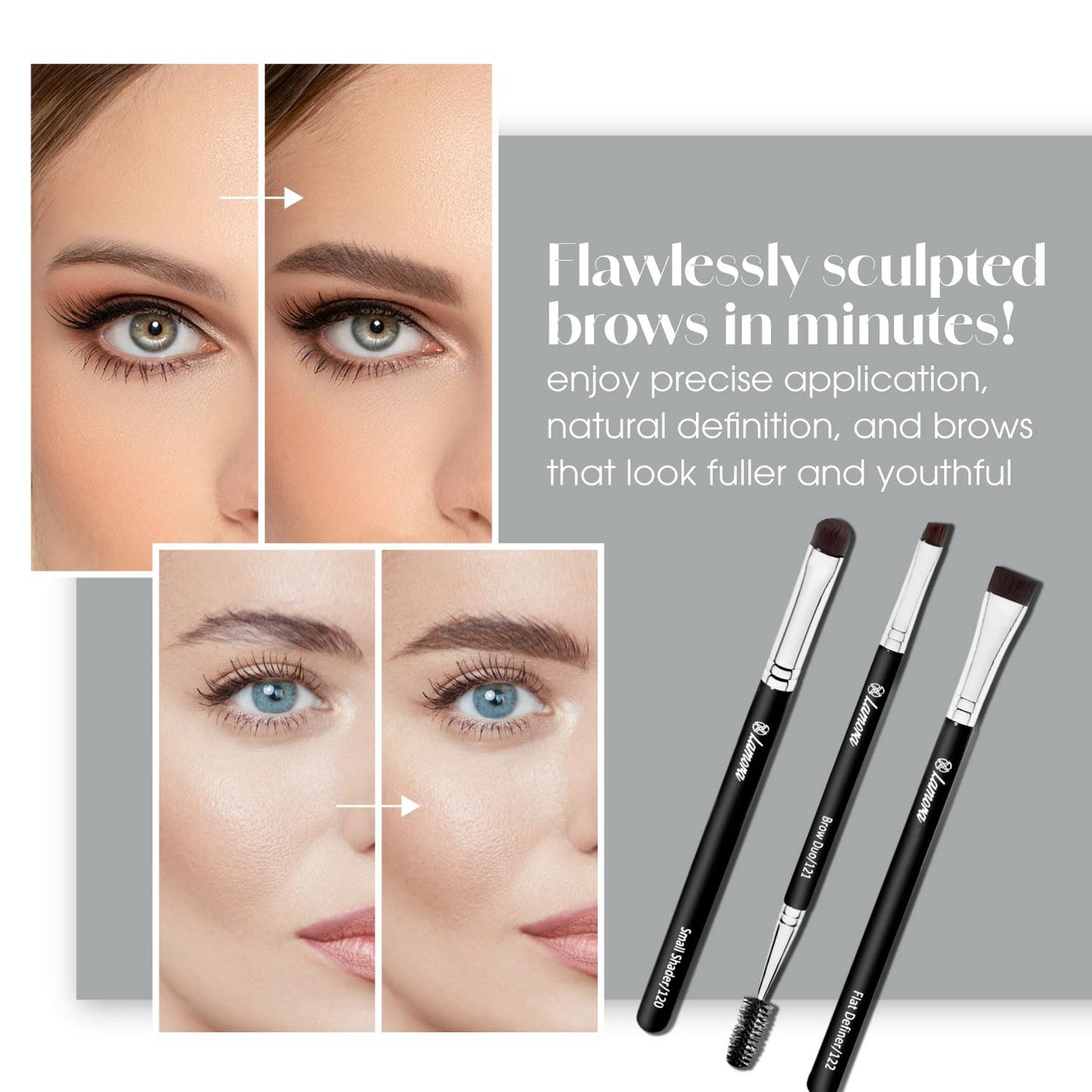 Eyebrow Brush - Duo Eye Brow Spoolie - Angled Eyeshadow Eyeliner - Precision Flat Definer - Small Shader - 3 Piece Makeup Brush Set - Cruelty Free Beauty & Personal Care Lamora