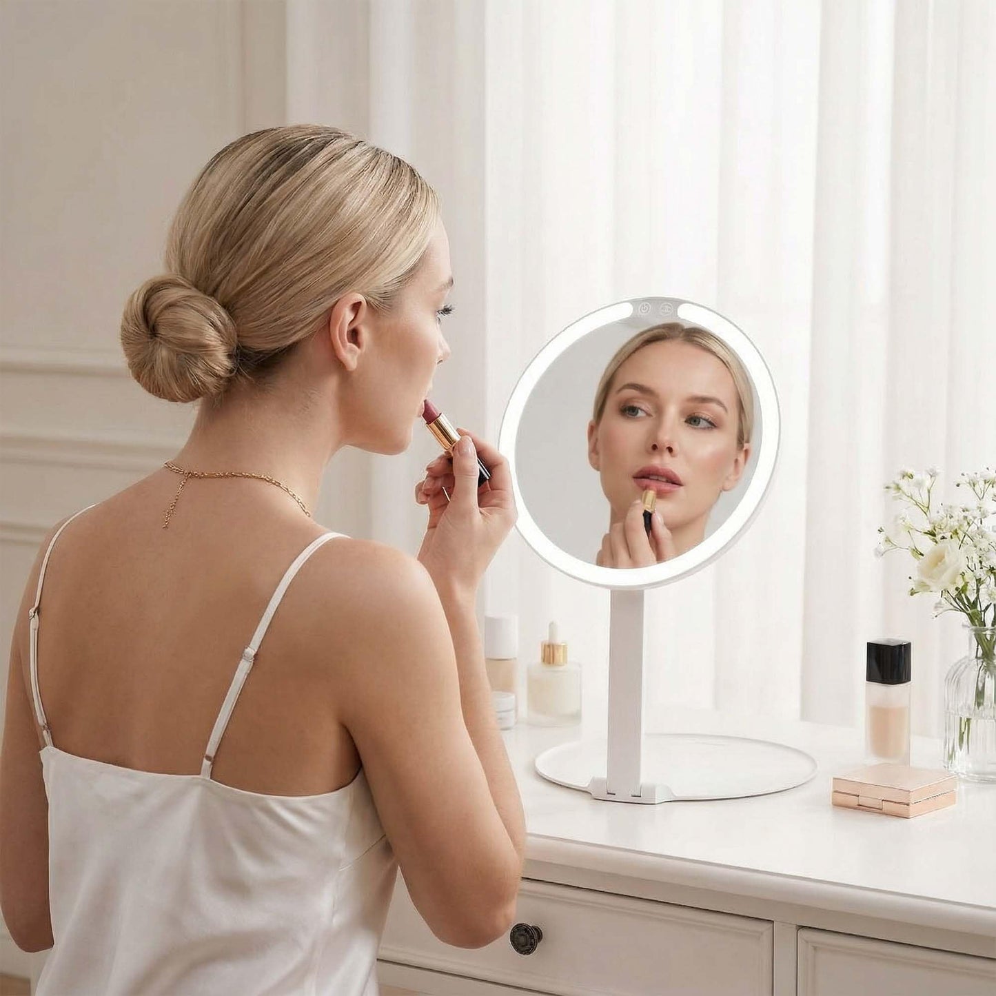 Fancii Abigail Rechargeable Travel Makeup Mirror with LED Light, 8" Foldable Stand, 3 Color Lighting Travel Mirror. Dimmable & Lightweight Portable Beauty & Personal Care Fancii
