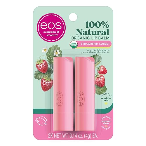 eos 100% Natural & Organic Lip Balm Sticks - Strawberry Sorbet, All-Day Moisture for Sensitive Skin, Dermatologist Recommended, 0.14 oz, 2-Pack Beauty & Personal Care eos