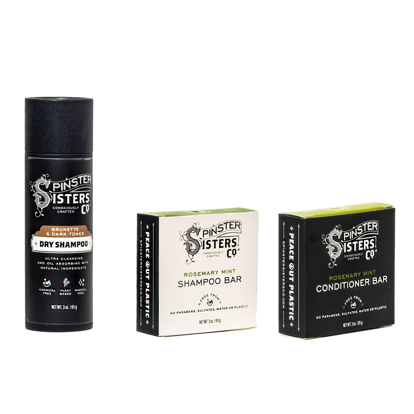 Spinster Sisters Natural Hair Care Set, Rosemary Mint - Shampoo Bar, Conditioner Bar, Brown Dry Shampoo - Homemade, sulfate-free, moisturizing Beauty & Personal Care Spinster Sisters