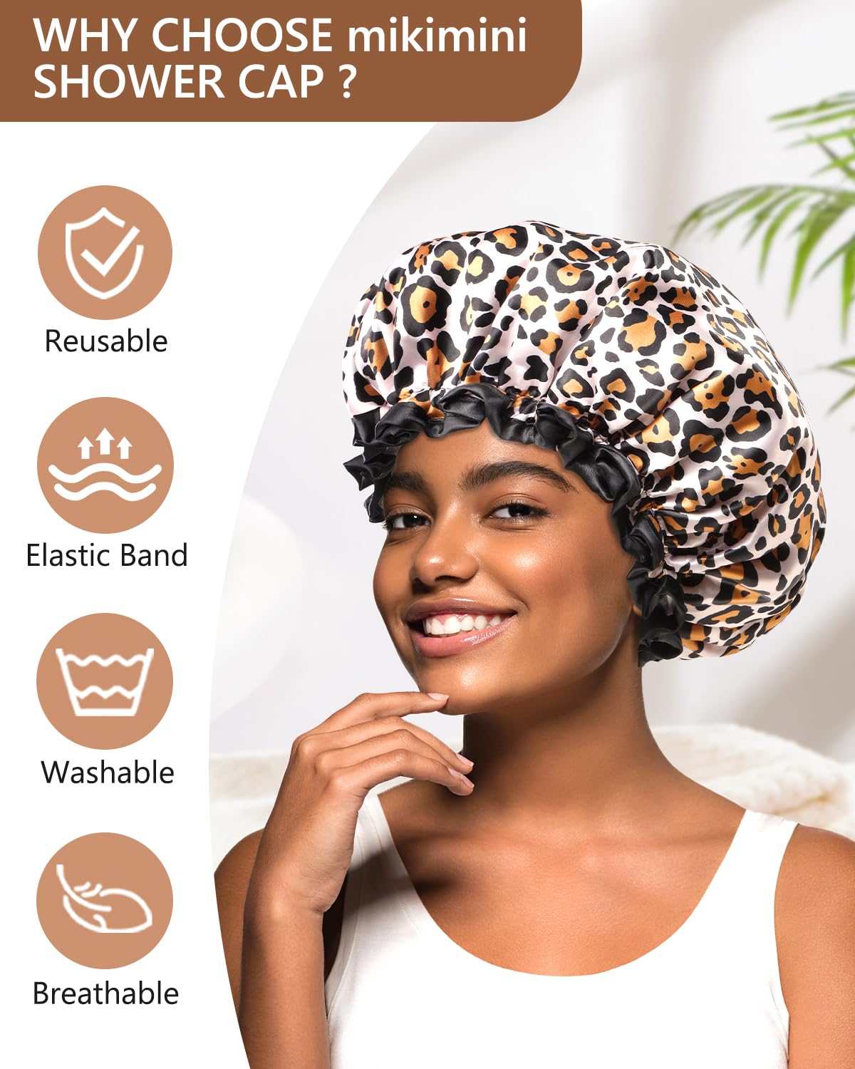 mikimini Medium Shower Cap for Girls and Women,Leopard Stylish Shower Caps with Black Lace,Reusable Waterproof Bathing Shower Hat for Girls Beauty & Personal Care mikimini