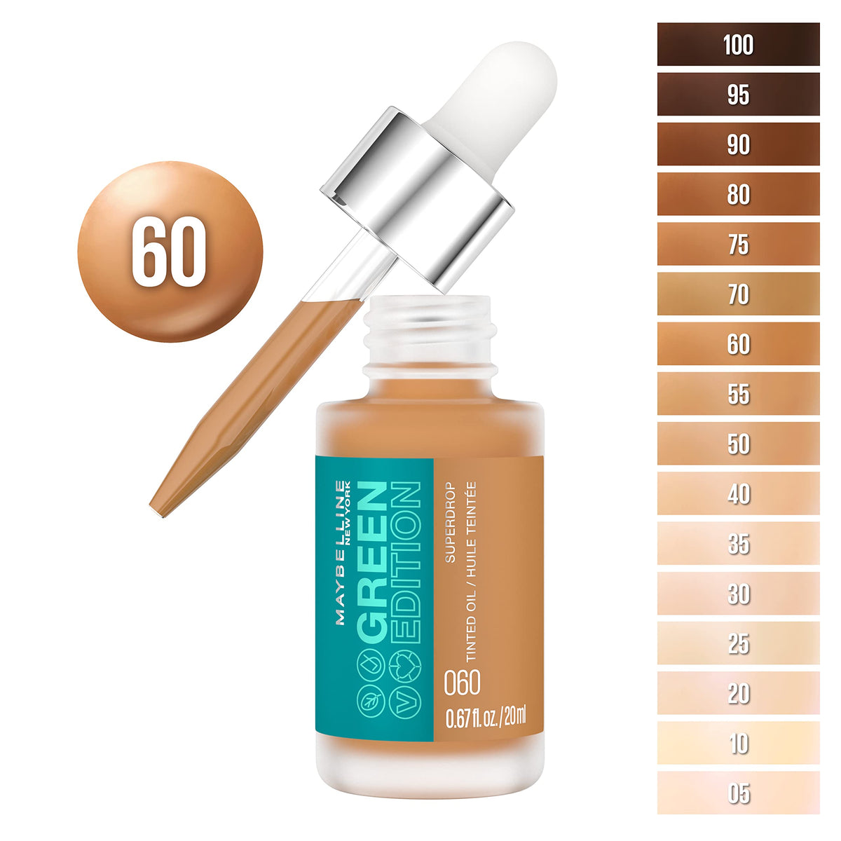 Maybelline Green Edition Superdrop Tinted Oil Base Makeup, Adjustable Natural Coverage Foundation Formulated With Jojoba & Marula Oil, 60, 1 Count