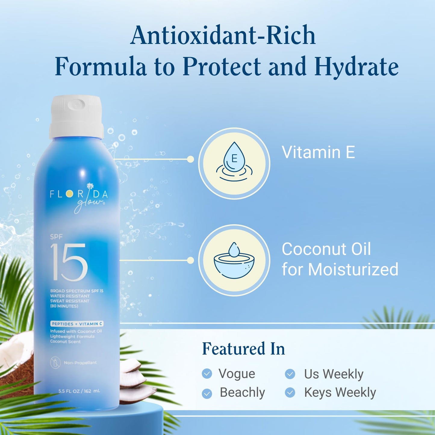 Florida Glow SPF 15 Sunscreen Spray - Hawaii 104 Reef Act & Florida Keys Compliant, Broad Spectrum, Water Resistant - Sun screen protector for face Beauty & Personal Care Florida Salt Scrubs