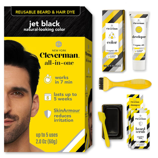 Reusable Hair & Beard Dye for Men - Jet Black 1.7 | Up to 5 Uses, 7 Minutes | Natural Gray Coverage, No-Drip Cream with SkinArmour® - Cleverman Beauty & Personal Care CLEVERMAN