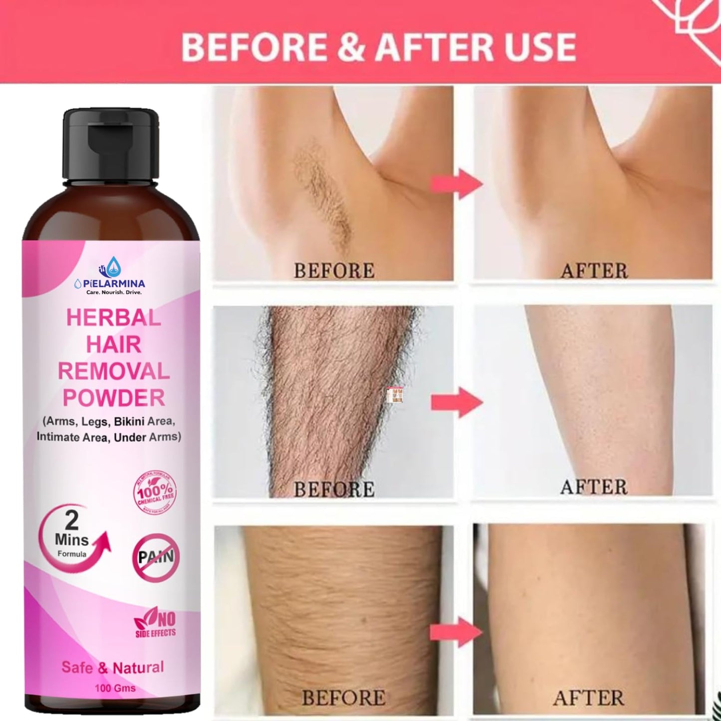 PÍELARMINA Hair Removal Powder - for Underarms, Bikini Area & Intimate Area - 2 Min Full Body Hair Removal for Men & Women Beauty and Personal Care PÍELARMINA