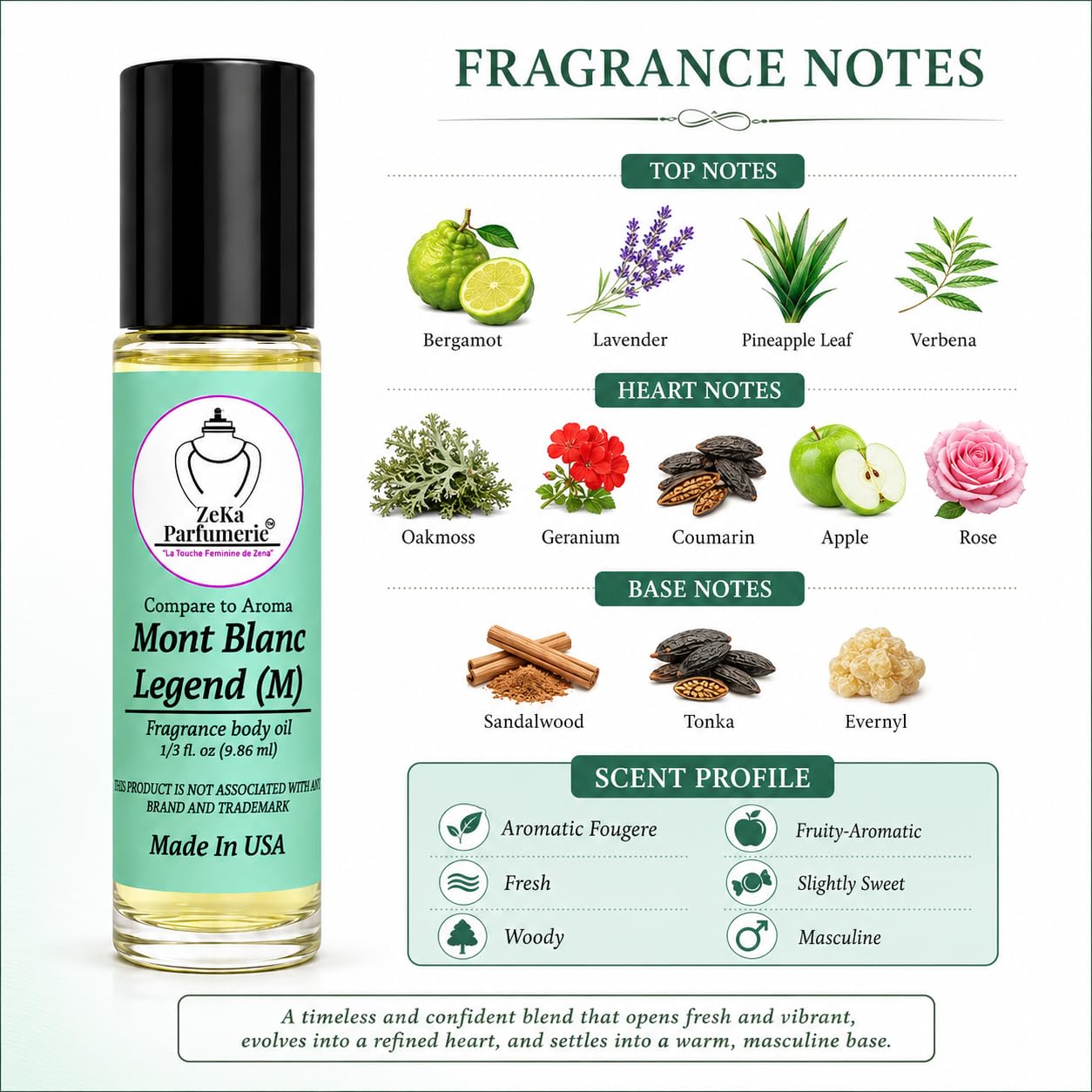 ZEKA PARFUMERIE Compare to Aroma compatible with Mont Blanc Legend for Men Fragrance Body oil on 1/3 oz (9.86ml) size Roll-On Botlle Beauty & Personal Care ZEKA PARFUMERIE