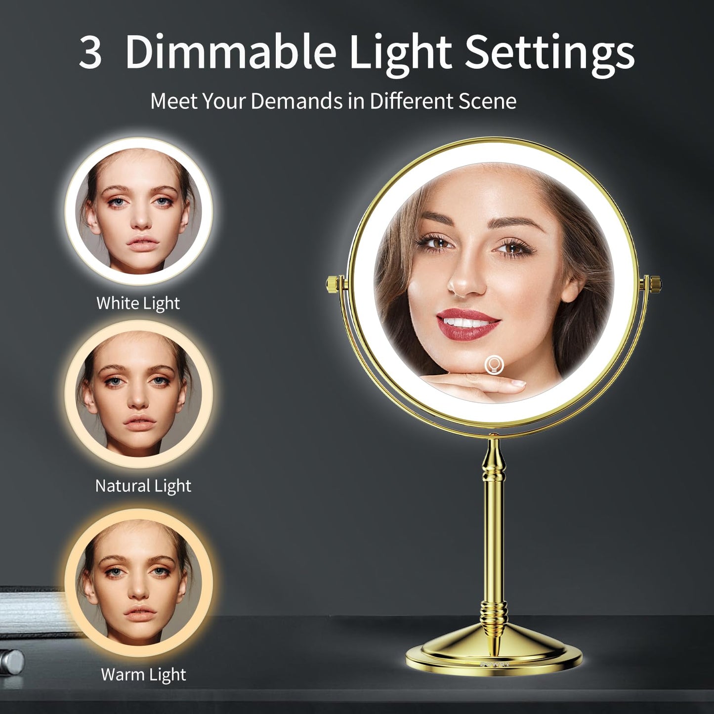 DOWRY 4000 mAh Rechargeable Lighted Makeup Mirror 10x Magnification Vanity Mirror Tabletop Two-Sided Swivel Gifts for Women Wife Mom Teengirls Gold Beauty & Personal Care DOWRY