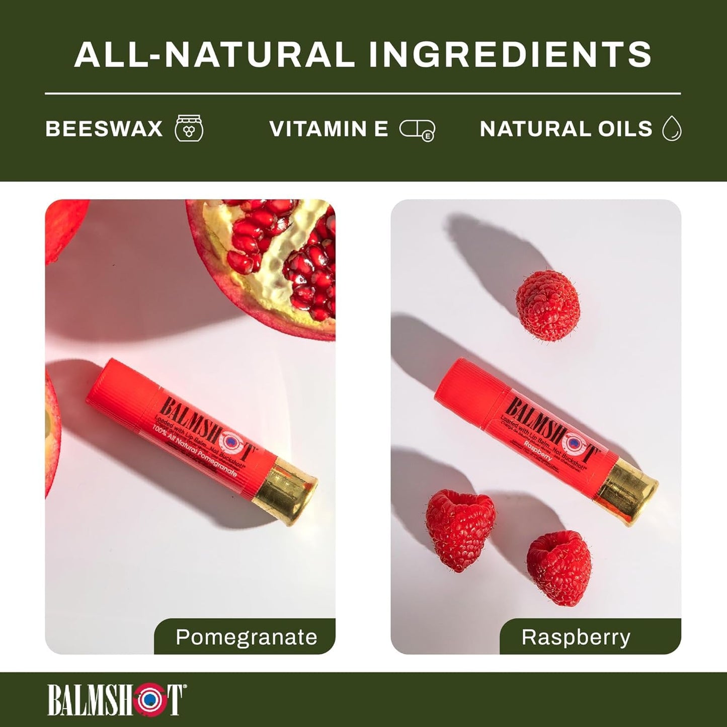 BALMSHOT Lip Balm 4-Pack - Fruit Combo Variety Pack - (2) Pomegranate & (2) Raspberry - SPF 15 Beeswax Formula - 20-Gauge Brass Shotgun Shell Tube Beauty & Personal Care Balmshot
