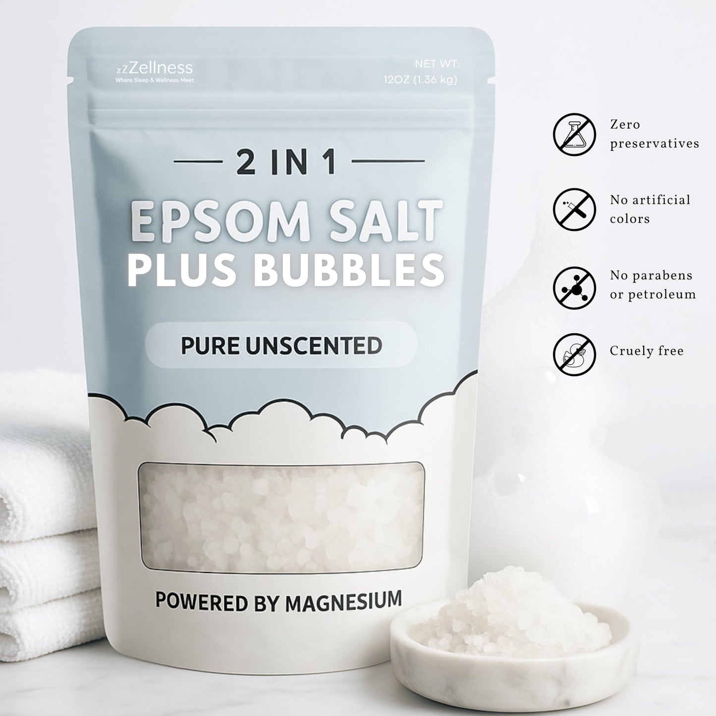ZZZELLNESS Epsom Salt Plus Bubbles - Pure Unscented Foaming Bath Soak - Magnesium Sulfate for Muscle Recovery, Stress Relief & Relaxation - Great Beauty and Personal Care ZZZELLNESS