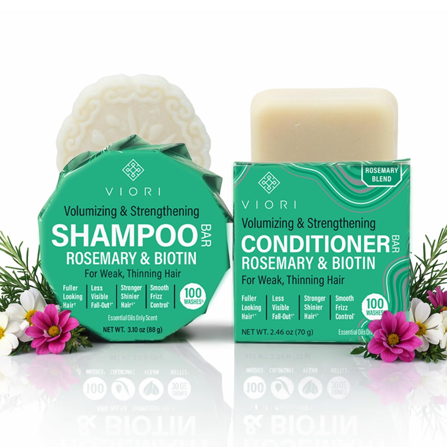 Viori Rosemary Shampoo Bar and Conditioner Set with Biotin - Rice Water Solid Hair Bars for Thinning Hair - Strengthening, Shine, Scalp Care - Plastic Beauty & Personal Care Viori