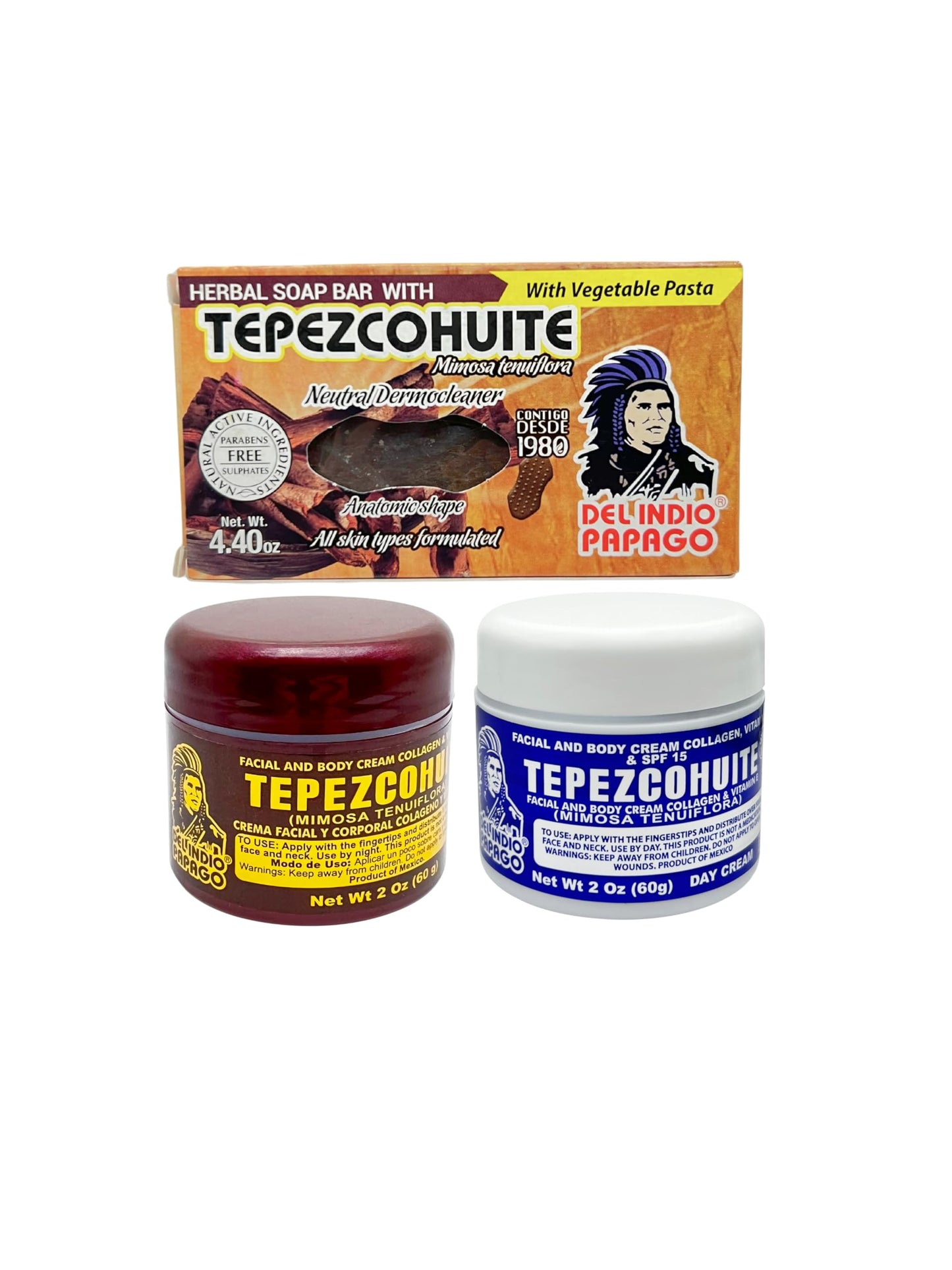 Del Indio Papago Anti Aging Combo Pack with Night Cream 2 oz, Day Cream 2 oz, and Tepezcohuite Natural Bar Soap - Skin Care Solution for All Types Beauty & Personal Care Del Indio Papago