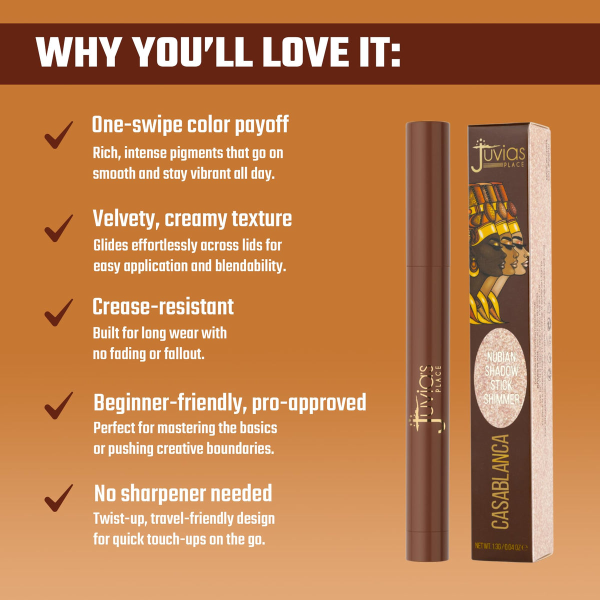 Juvia's Place Nubian Eyeshadow Stick Shimmer - Casablanca - Waterproof, Buildable Eye Shadow Stick for Women - Long-Lasting, Crease-Proof, Easy
