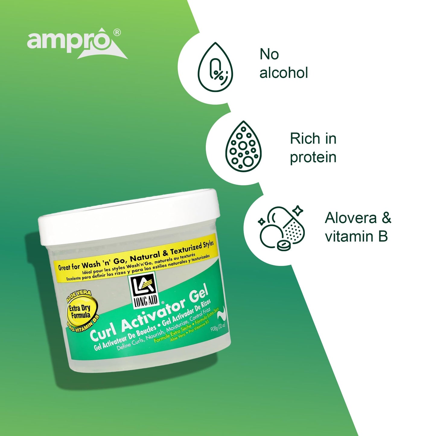 AmPro Long-Aid Activator Gel - Enriched with Aloe Vera, Protein, and Vitamin B Complex - Brings Essential Moisture to Strands - Defines Your Natural Beauty & Personal Care AmPro