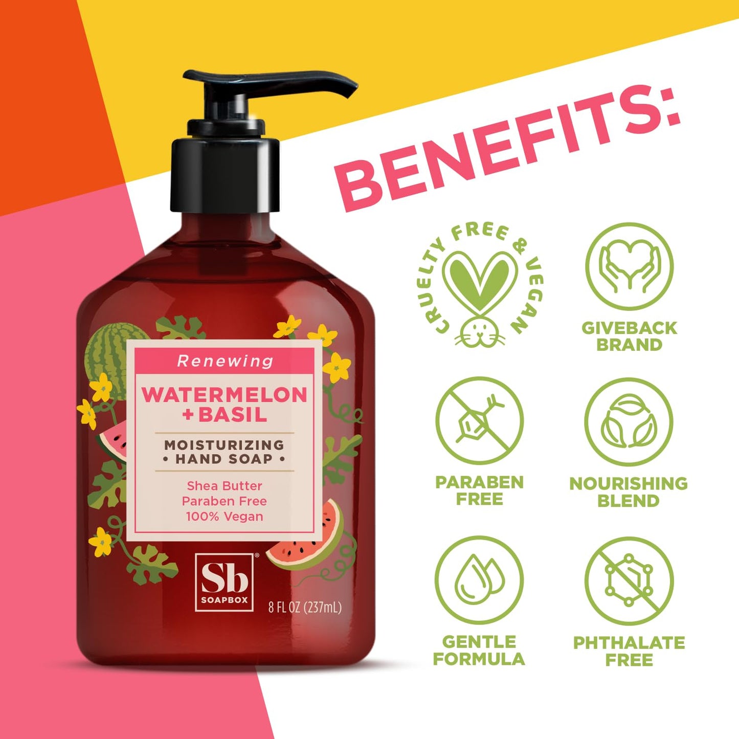 Soapbox Hand Soap Watermelon + Basil Hand Soap for Bathroom & Kitchen with Pump Dispenser, (6 Pack, 8 oz Each) Beauty & Personal Care Soapbox