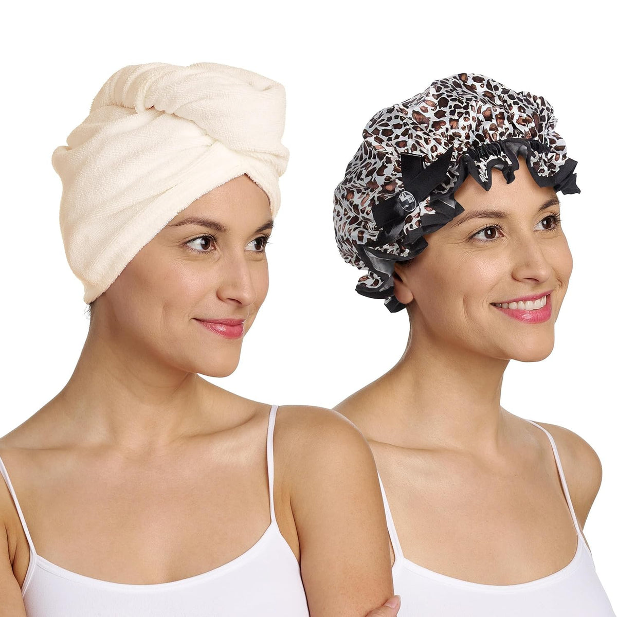 Turbie Twist Wet Day/Dry Day Combo Pack - Tan & Leopard Print - Includes Microfiber Hair Towel & Stylin' Shower Cap - For All Hair Types, Textures &