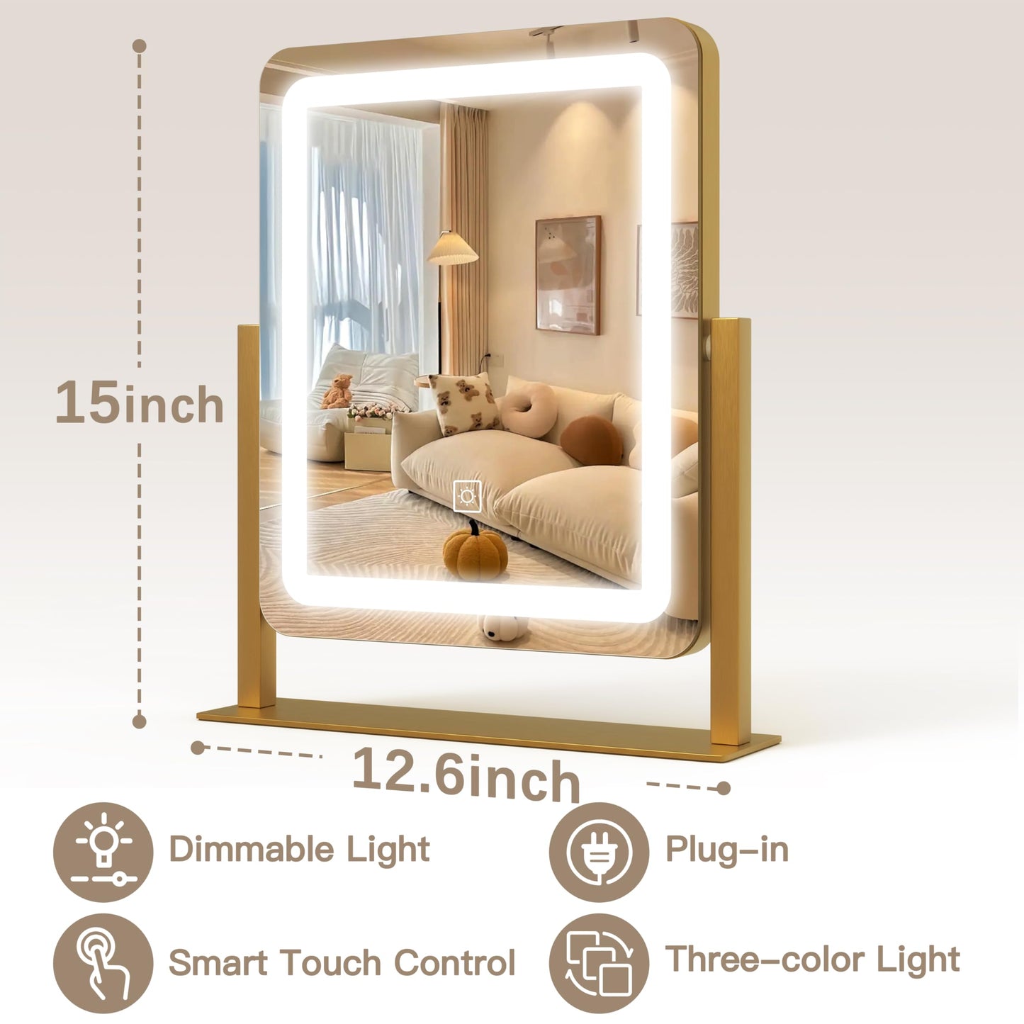 ROLOVE Vanity Mirror with Lights, 12.6"×15" LED Makeup Mirror, Lighted Makeup Mirror with Lights, Smart Touch Control Dimmable 3 Modes Light, Lighted Beauty and Personal Care ROLOVE