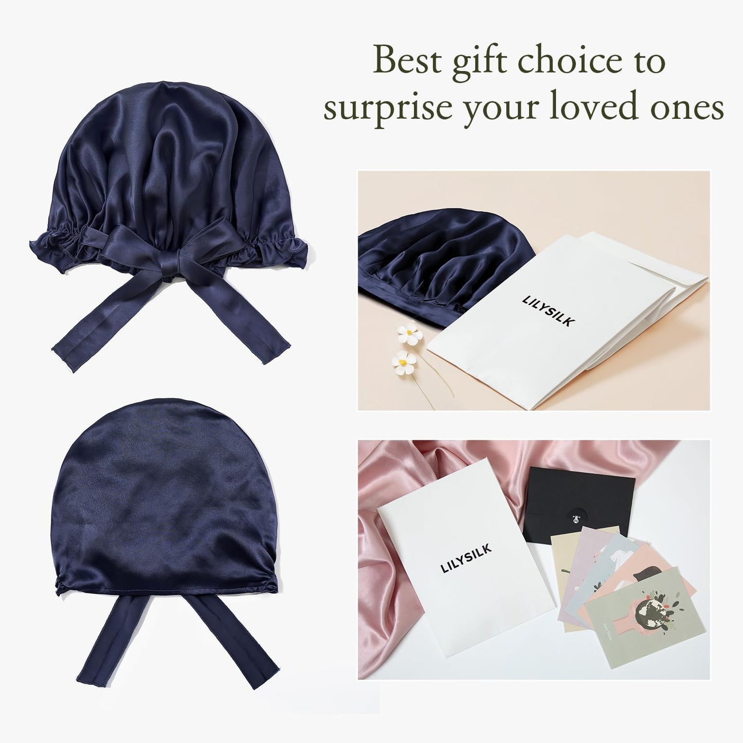 LilySilk Silk Bonnet for Sleeping Womens Sleep Cap 100% 19MM Mulberry Silk for Long Curly Hair Adjustable Stretchy Navy Blue Beauty and Personal Care LilySilk